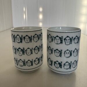 Porcelain Face Pattern Mugs - White and Blue